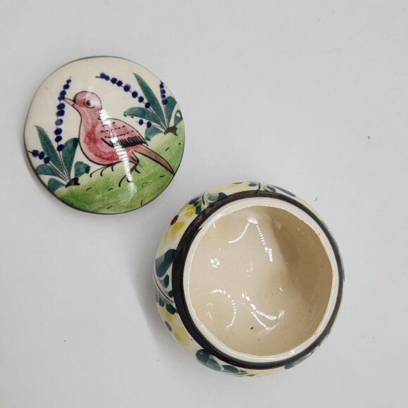 Mexican Hand Painted Ceramic Trinket Box With Floral & Red Bird 3" Diameter - Picture 2 of 8